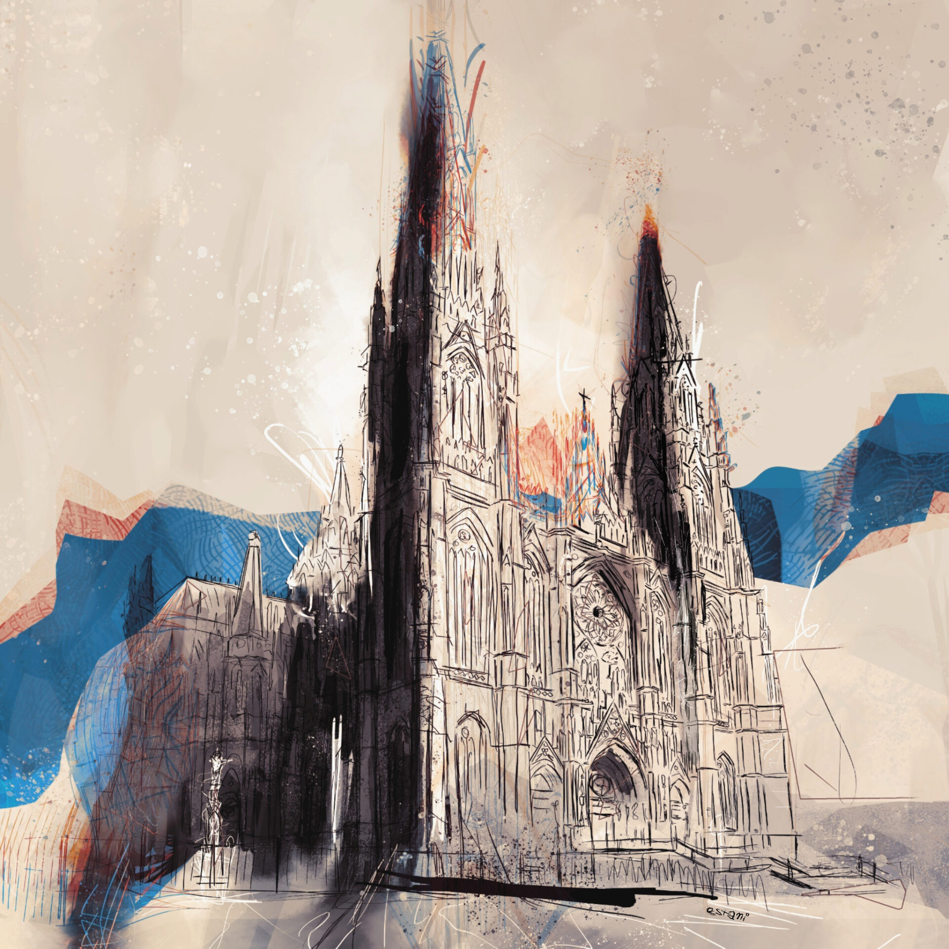 Catedral - Dibujo a tinta intervenido digitalmente - Impresiones Disponibles